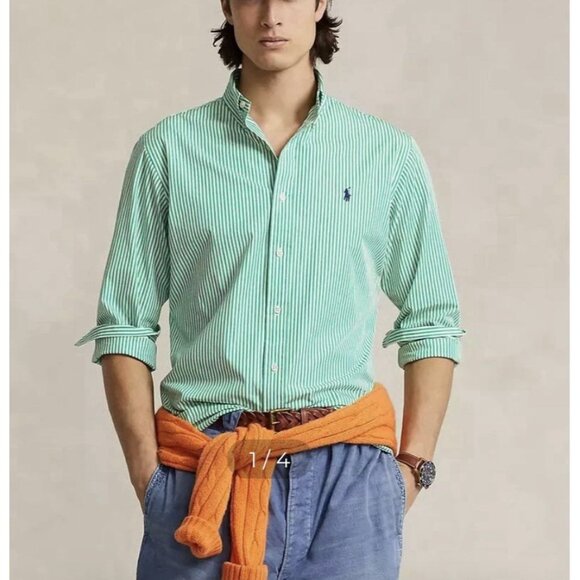 Polo Palph Lauren Men's Classic-Fit Striped Stretch Poplin Shirt Green XL - Picture 1 of 8